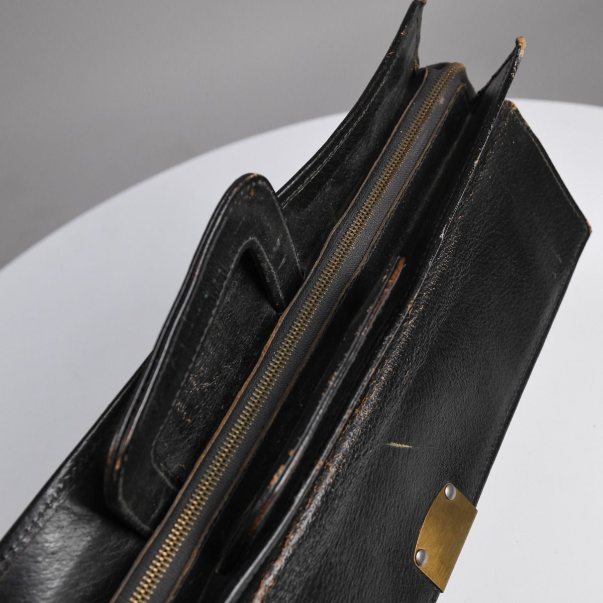 Vintage Black Leather Messenger Bag w/ Sliding Handles