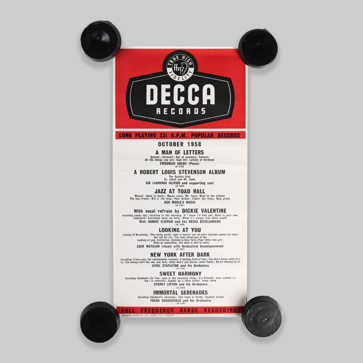Vintage 1958 Decca Records Original Record Shop Advertising Poster