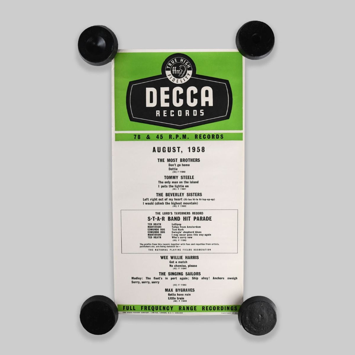 Vintage 1958 Decca Records Original Record Shop Advertising Poster
