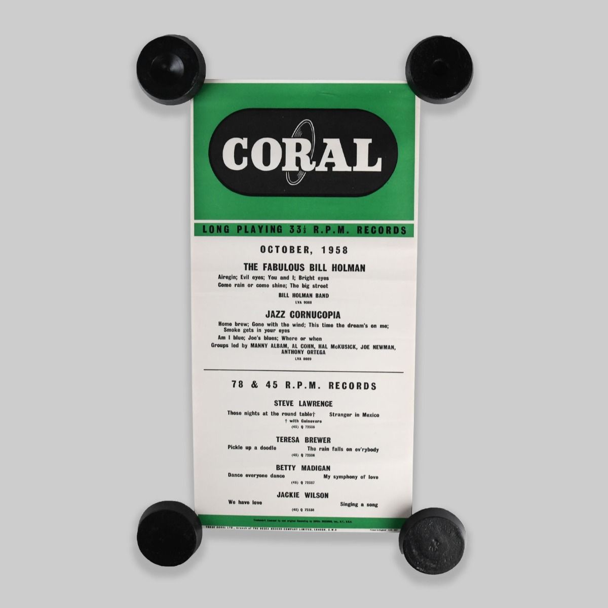 Vintage 1958 Coral Records Original Record Shop Advertising Poster