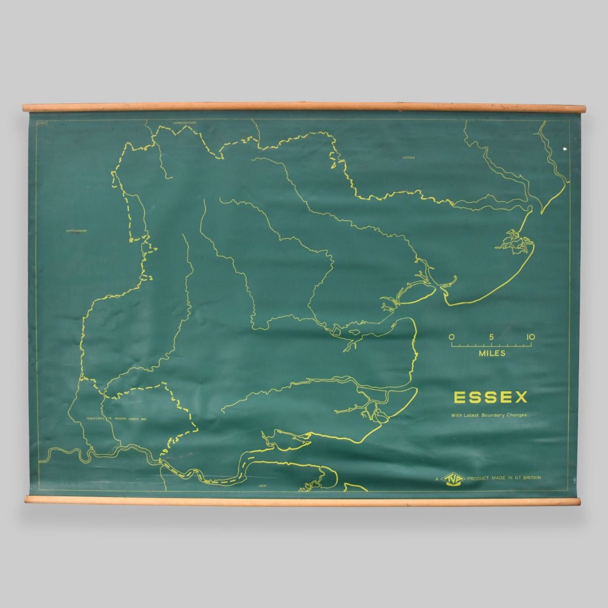 Vintage 1950s Green Vinyl TVA Wall Map of Essex & Thames Basin