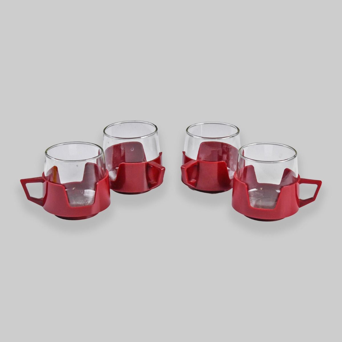 Vintage JAJ Pyrex Drink-Up Glass Mugs With Plastic Casing x4