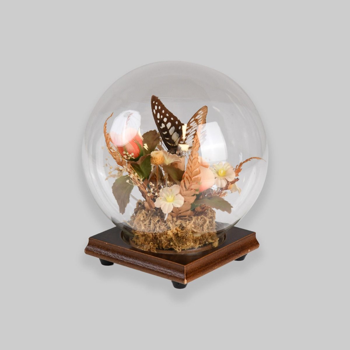 Vintage Butterfly And Flowers Glass Dome Ornament