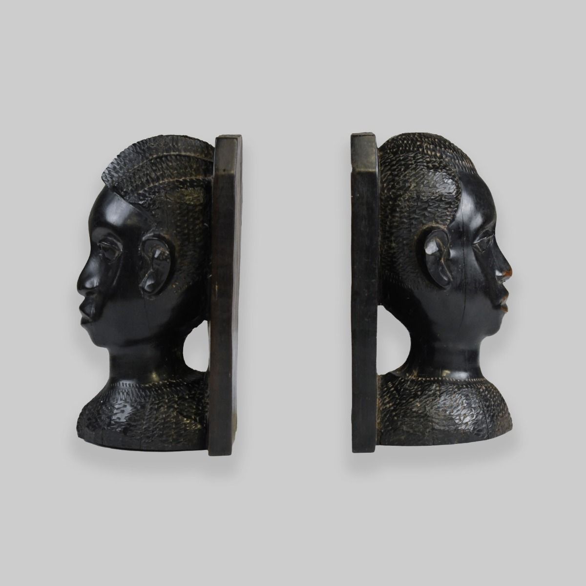Vintage Pair of Wooden African Head Bookends