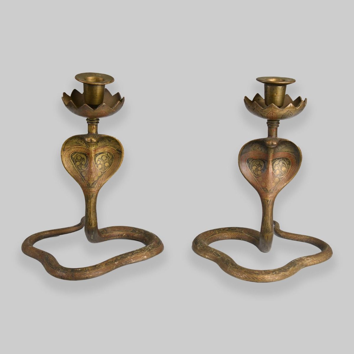 Vintage Pair of Brass King Cobra Candle Holders
