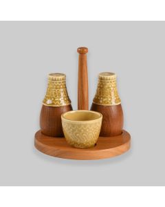 Vintage Wood & Ceramic Condiment Set