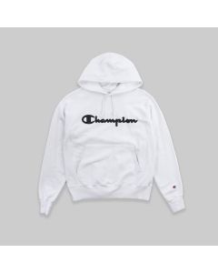 Champion Reverse Weave White Hoodie With Spell Out Logo